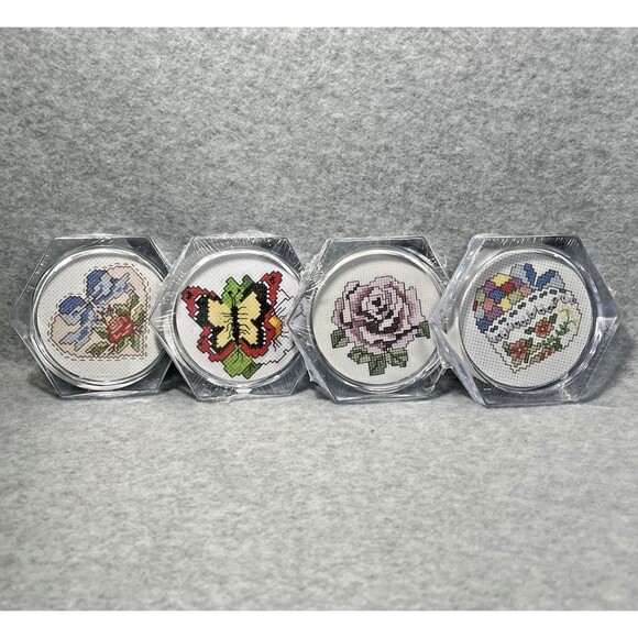 Vtg Acrylic Coasters MCG Textiles Cross Stitch Kit Butterfly Heart Rose Lot Of 4 - Picture 2 of 15